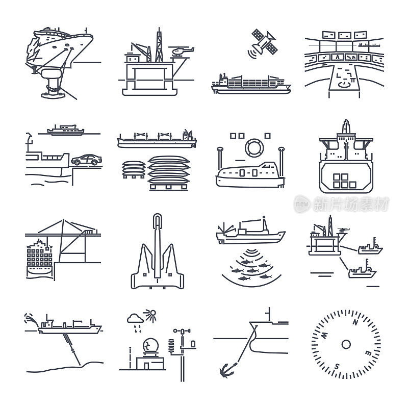 set of thin line icons water transport and sea port, oil platform, dry cargo ship